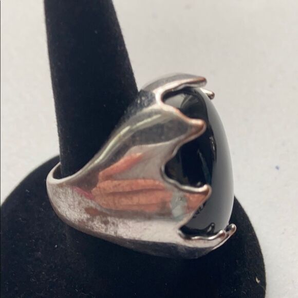 Funky polished black stone & silver tone ring 6.5 - Picture 14 of 16